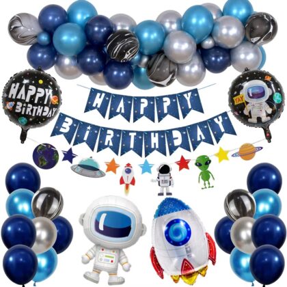 Baby birthday spaceman theme party decoration cartoon astronaut rocket foil balloon birthday pull flag set