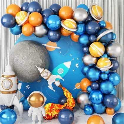 Navy blue orange yellow agate metallic blue balloon Outer Space party theme